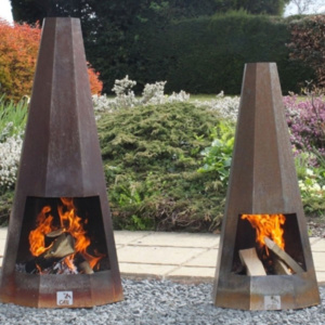 The Calfire Apollo is a British made outdoor chiminea, manufactured using 1.5 mm corten steel and available in two sizes. Corten steel naturally weathers over time and develops a protective rich rust finish.